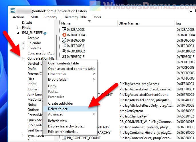 Delete default conversation history folder in Outlook