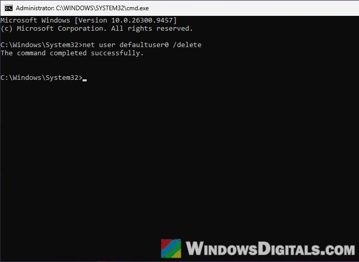 Delete defaultuser0 account with net user command