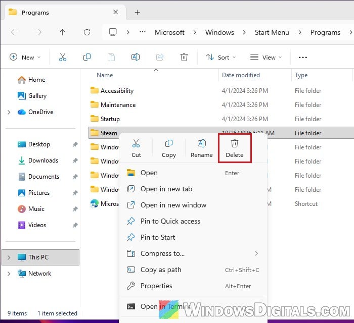 Delete leftover folder in Start Menu Programs folder Windows 11