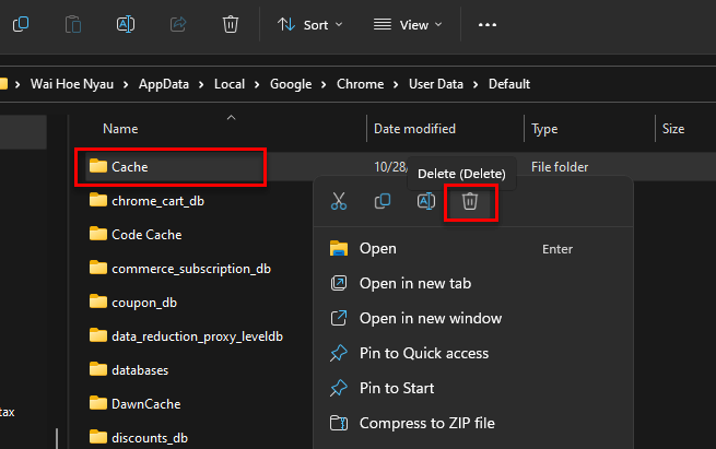 Delete the Cache folder for Google Chrome