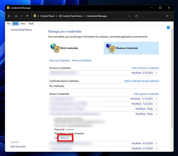 Delete work or school account in Windows 11 using credential manager