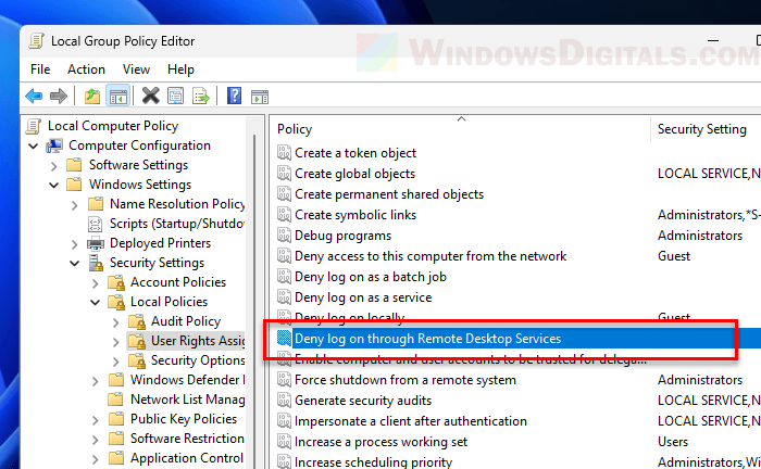 Deny log on through Remote Desktop Services Windows 11