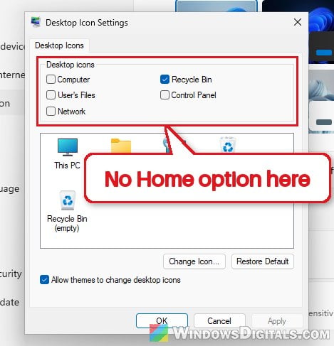 Desktop Icon Settings no Home icon option Windows 11