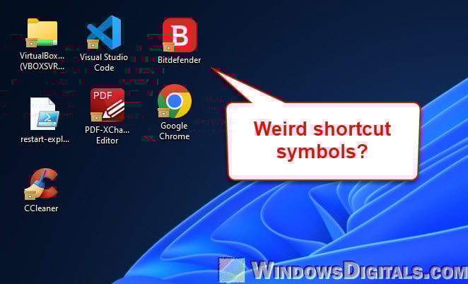 Desktop icons have boxes, X or symbols on them