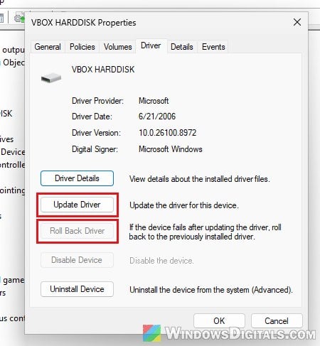 Device Manager disk Driver tab Windows 11