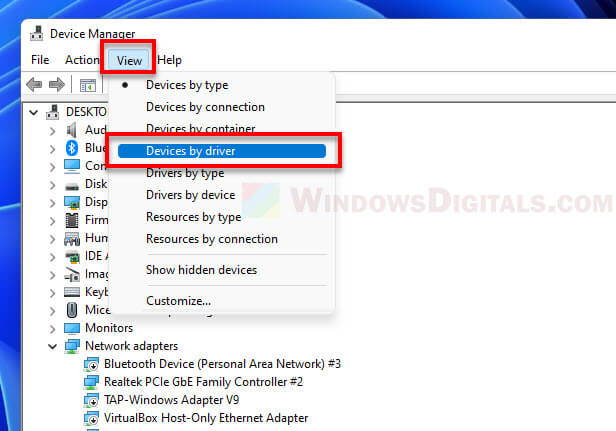 Devices by driver Device Manager