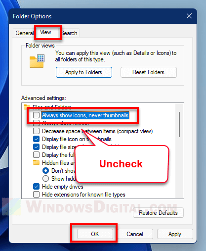 Matikan Selalu tampilkan ikon, jangan pernah tampilkan thumbnail Windows 11