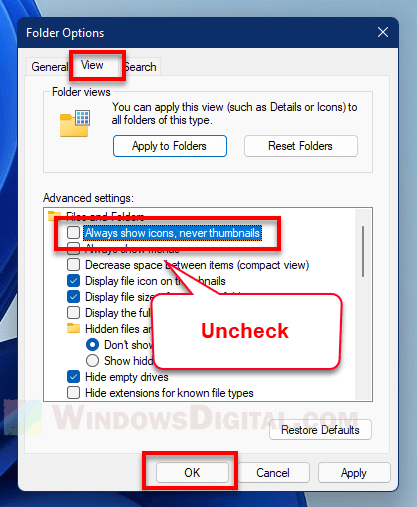 Disable Always show icons never thumbnails Windows 11