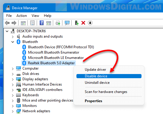 Disable Bluetooth adapter Windows 11