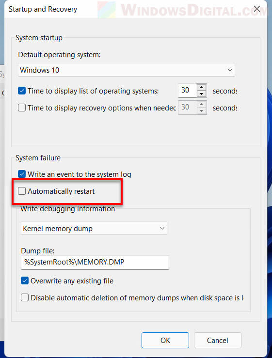 Disable Computer Automatic Restart Windows 11