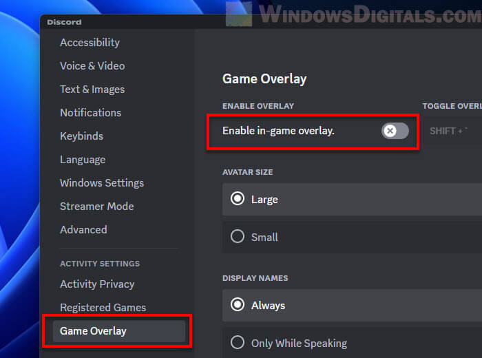 Disable Discord in-game overlay