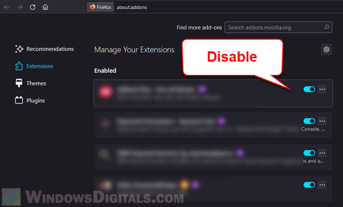 Disable Firefox add-ons and extensions to reduce power usage