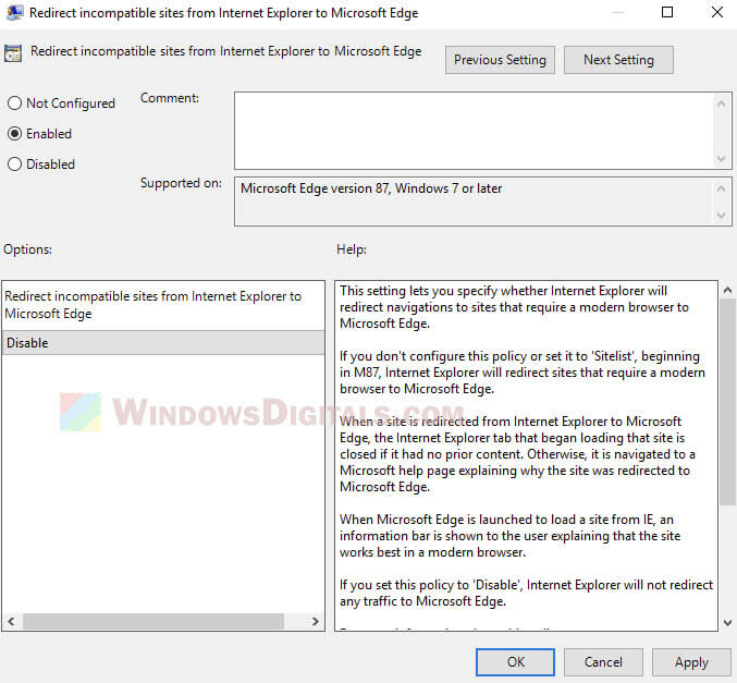 Disable IE redirect to Edge GPO