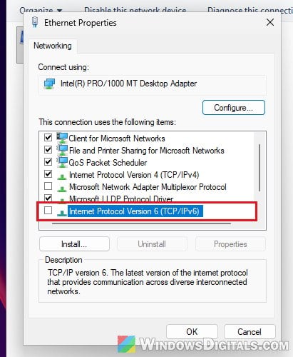 Disable IPv6 network adapter properties Windows 11