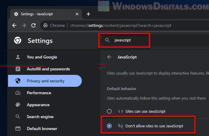 Disable Javascript on Chrome