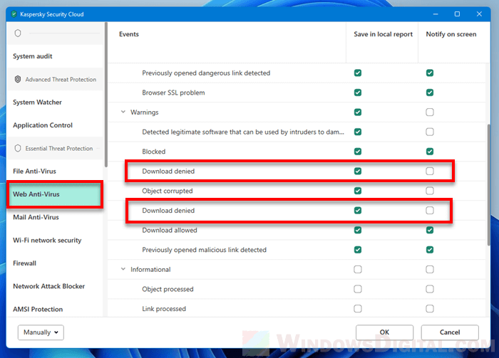 Disable Kaspersky Download Denied Notification Windows 11