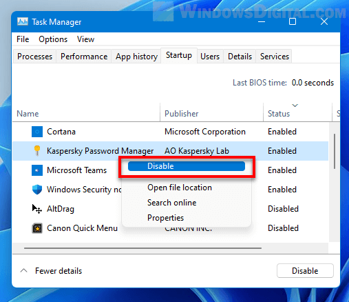 Nonaktifkan Kaspersky Password Manager saat memulai Windows 11