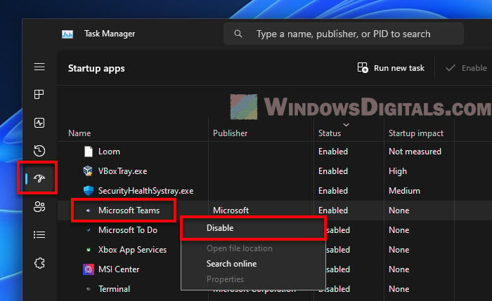 Disable Microsoft Teams as startup program in Windows 11