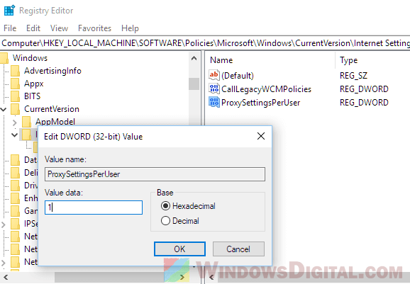 Disable Proxy Settings Registry Windows 10