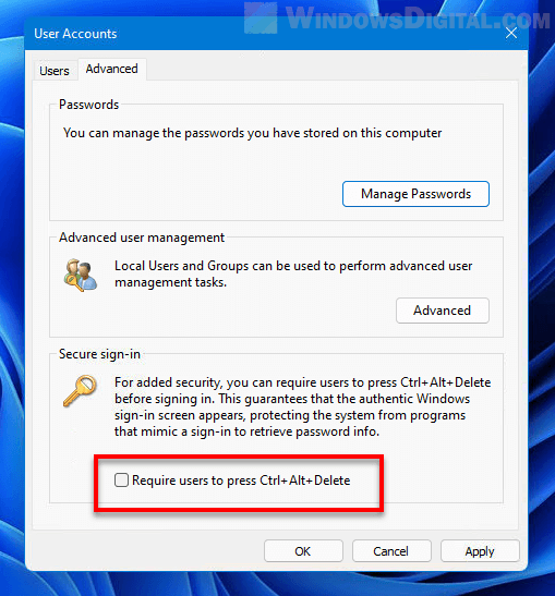 Disable Secure Sign-in Windows 11