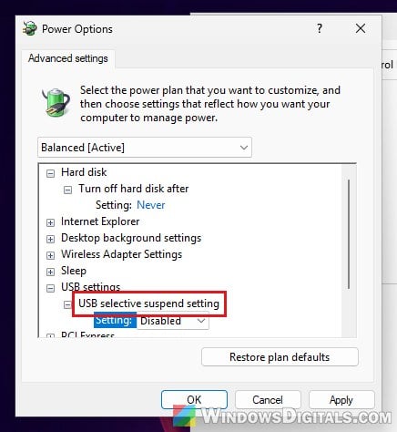 Disable USB selective suspend setting Windows 11