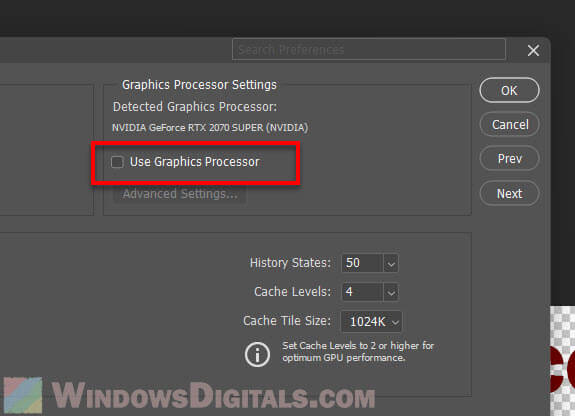 Disable Use Graphics Processor in Photoshop