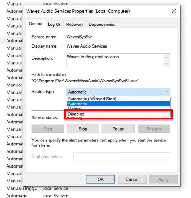 Disable WavesSvc64.exe service