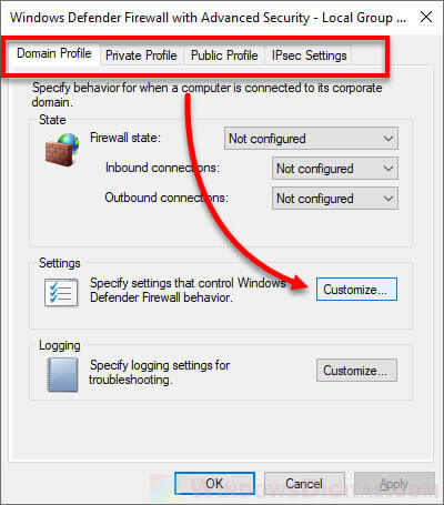 Disable Windows 10 firewall notifications domain private public profile