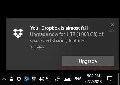 Disable Your Dropbox is almost full notification message