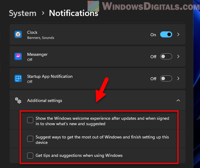Disable ads and notifications on Windows 11