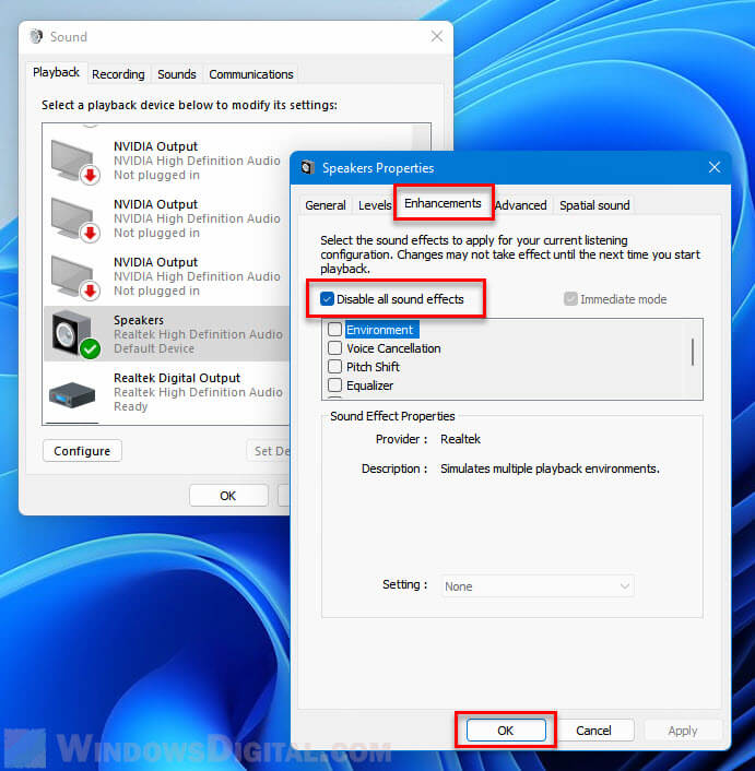 Disable all sound effects enhancements Windows 11