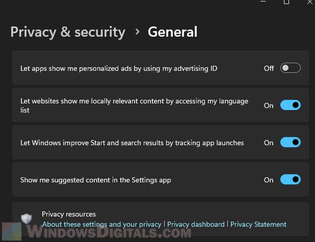 Disable apps from using your advertising ID Windows 11 10