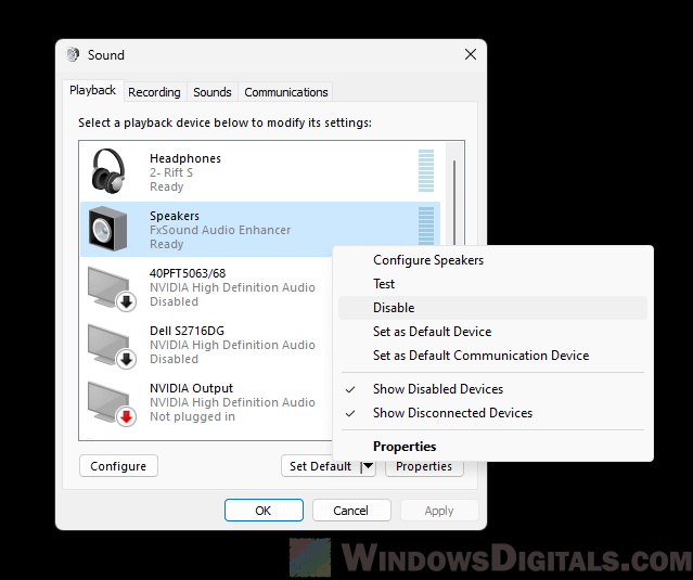 Disable audio devices in Windows 11