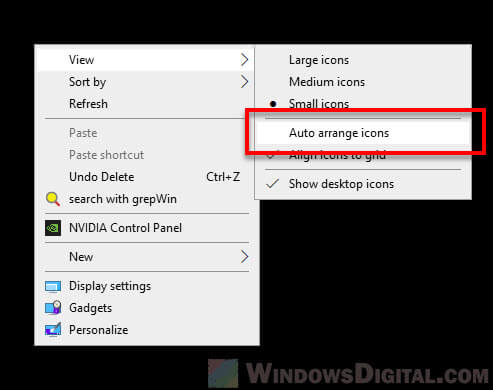 Disable auto arrange desktop icons after refresh Windows 10