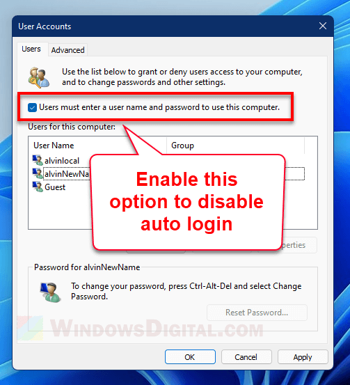 Disable auto login Windows 11