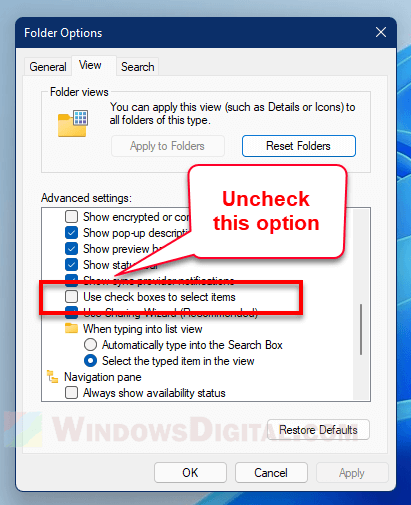 Nonaktifkan kotak centang pada ikon di Windows 11