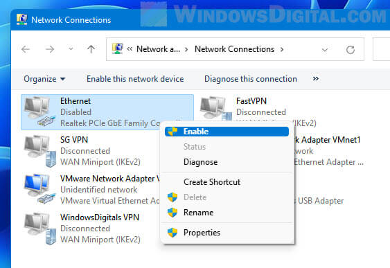 Disable enable Ethernet network adapter Windows 11