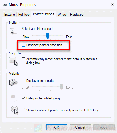 Disable enhance pointer precision mouse acceleration in Windows 10