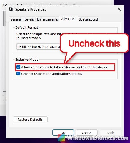 Disable exclusive control of audio device Windows 11