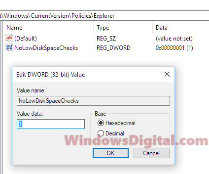 Disable low disk space warning in Windows 10