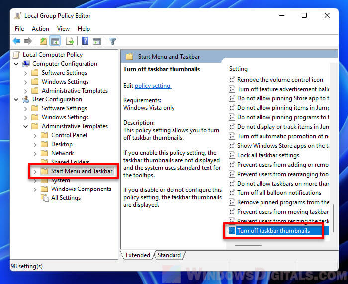 Disable taskbar thumbnail preview Windows 11