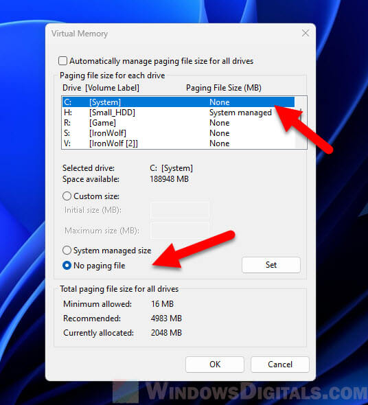 Disable virtual memory or pagefile on C drive