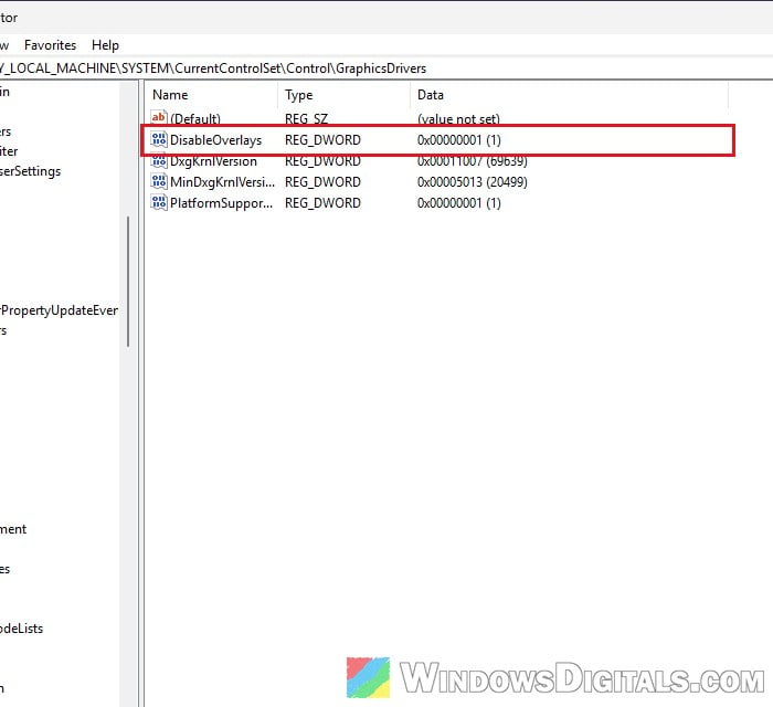 DisableOverlays registry value GraphicsDrivers Windows 11