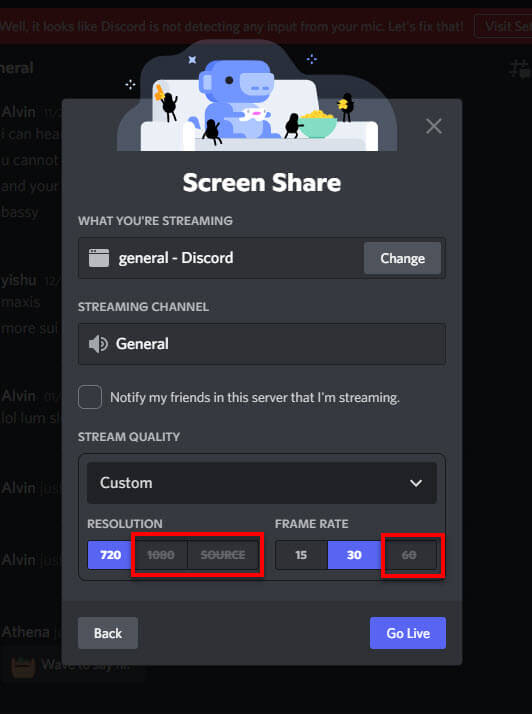 Discord screen share stream low quality and FPS