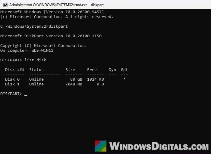 DiskPart list disk Gpt column Windows 11