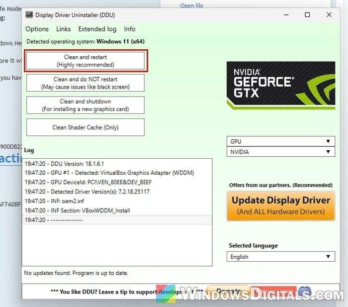 Display Driver Uninstaller Clean and restart