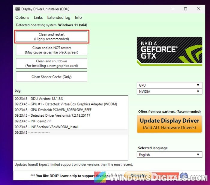 Display Driver Uninstaller clean and restart NVIDIA driver