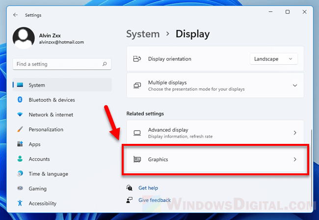 Display Graphic settings Windows 11