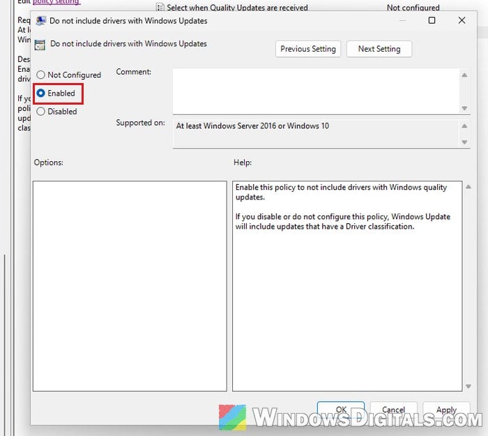 Do not include drivers with Windows Updates policy Windows 11