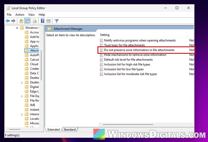 Do not preserve zone information in file attachments policy Windows 11